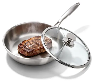 Edelstahl-Bratpfanne 24 cm mit Deckel, dreilagig, für alle Herdarten