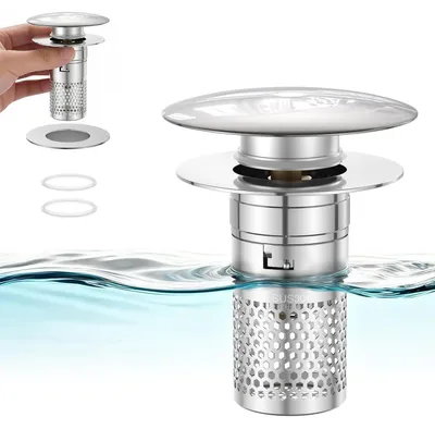 Image de Bouchon de lavabo pop-up avec panier filtrant en acier inoxydable 304, bouchon de vidange 3-en-1, pour lavabos, salles de bain et cuisines (33-40 mm)