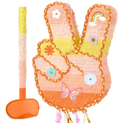 Peace-Zeichen Piñata, gelb, 41 x 34 x 7,5 cm, mit Maske und Schläger, 3-teilig
