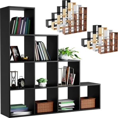 Produktbild von MIADOMODO® Treppenregal - Schwarz, 10 Fächer, 129,5x29x129,5 cm, für Wohnzimmer, Stabil, Offen, Freistehend, Indoor, aus MDF-Platte - Stufenregal