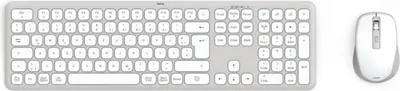 A white wireless keyboard and mouse set on a white background.
