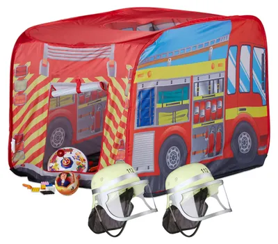 Produktbild von 3 tlg. Feuerwehr Set, Spielzelt Feuerwehr, 2x Feuerwehrhelm Kinder, Kinderzelt für Drinnen & Draußen, ab 3, mehrfarbig