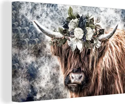 Produktbild von OneMillionCanvasses® - Leinwandbilder - 140x90 cm, Schottische Hochlandrind - Blumen - Nebel, Wandbilder Wohnzimmer Hochland Rind - Tier Wanddekoration - Hochland Rind - Kuh - Gemälde auf Holzrahmen