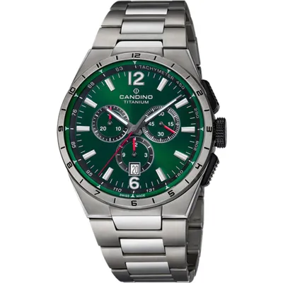 A close-up studio shot of a men's wristwatch with a green dial and a metal bracelet.