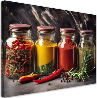 Produktbild von Leinwandbild Gewürze in Küchengläsern 120x80 Feeby Bunt bild für die wand bereit zum aufhängen