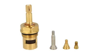 A set of plumbing parts, including a main cartridge and three smaller screws, are displayed against a white background.