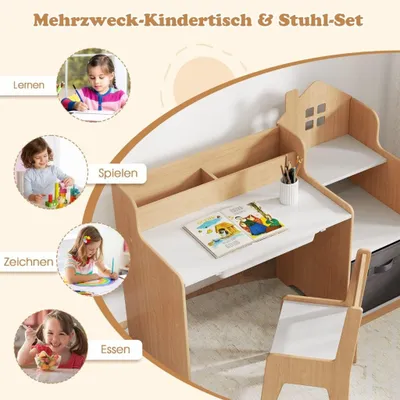 Productafbeelding van Bureau- en stoelset voor kinderen Studententafel met open planken Wit + Naturel