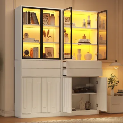 Immagine prodotto di Merax, set di 2 vetrine con illuminazione LED controllabile tramite app, mobiletto vetrina con 4 ante e 2 cassetti, vetrina in vetro temperato, 7 scomparti, colore bianco