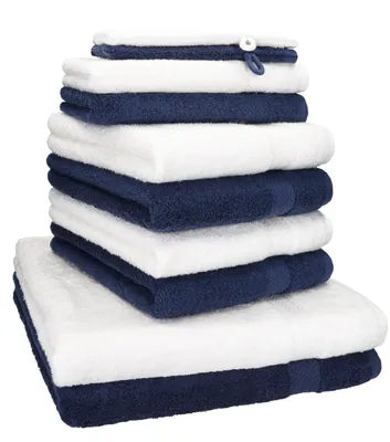 Produktbild von Betz 10-tlg. Handtuch-Set PREMIUM 2 Duschtücher 4 Handtücher 2 Gästetücher 2 Waschhandschuhe  Farbe: dunkel blau & weiss