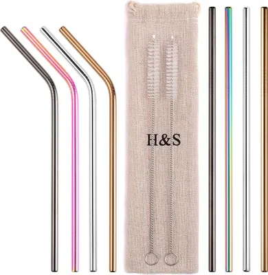 Produktbild von H&S 8x Edelstahl Strohhalm - 8 Strohhalme aus Edelstahl - Trinkhalme Edelstahl - Set Metallstrohhalme - Strohhalme wiederverwendbar aus Metall -