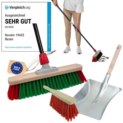 Produktbild von Novaliv Gartenbesen mit Stiel 40 cm Elaston Borsten inkl. Kehrgarnitur schwarz bestehend aus Kehrblech und Handfeger Ideal als Straßenbesen Terassenbesen Hofbesen Stallbesen Kehrbesen Outdoor broom