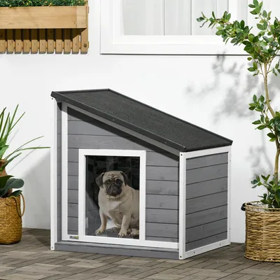 Produktbild von Hundehütte aus Massivholz, wetterbeständig, Asphaltdach, 71 cm x 58 cm x 77 cm, Grau + Weiß, klappbar
