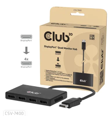 Produktbild von CLUB3D Quad DisplayPort™ Hub – 4 x 4K Resolution @ 30Hz, MST Support, DisplayPort, 4x DisplayPort, 3840 x 2160 Pixel, 4K Ultra HD, 30 Hz, 1.4/2.2