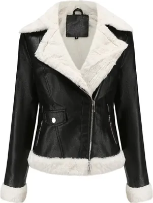 Image de ASKSA Veste en cuir pour femme PlueschPolyuréthaneVeste d'hiver courte fermeture éclair col revers Veste de moto, Noir, XL