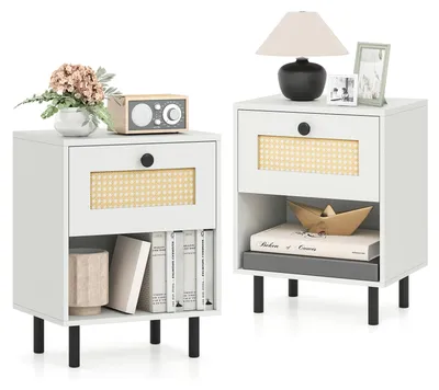 Produktbild von COSTWAY 2er Nachttische, Nachtschrank mit Polyrattan-Schublade & 2 Kippsicherungen, Sofatisch Beistelltisch im Boho-Stil 40x30x52cm weiß