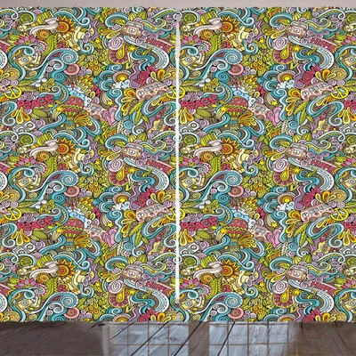 Produktbild von ARANDE Bunt Gardine, Cartoon Thema Hippie-Art Illustration von Blumen und Vintage-Motive Gekritzel-Kunst, 280 x 175 cm, Mehrfarbig