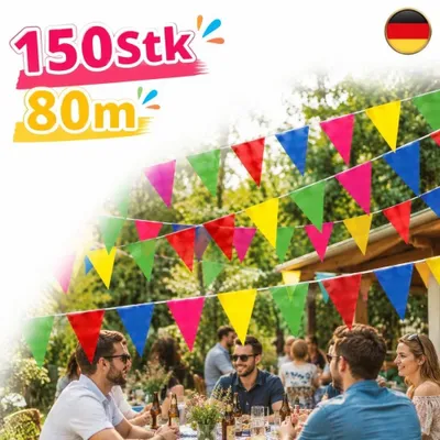 Produktbild von Girlande Wimpelkette XXL 80m Mehrfarbig 150 Stück Dreieck Stoff Outdoor Deko