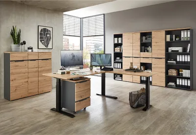 Produktbild von Büromöbel Set 9-teilig MANRESA-36 mit höhenverstellbarem Winkelschreibtisch in graphit und Eiche