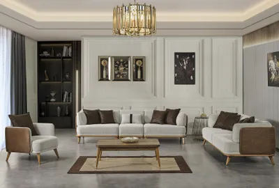 Immagine prodotto di Set moderno per il soggiorno: 2 divani imbottiti, 1 poltrona e 1 tavolino, tutti di colore grigio