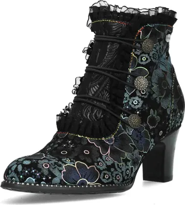 A single black boot with floral patterns and lace trim, shown against a white background.