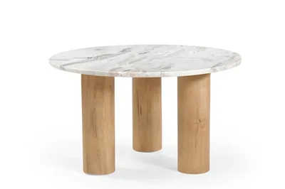 Produktbild von Marmoholz Noto Couchtisch rund Ø70 cm x H40 cm – grauer Marmortisch mit heller Massivholzbasis, handgefertigter Designer-Beistelltisch im Japandi-Stil