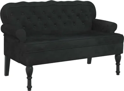 A black tufted sofa with rolled arms and turned legs is shown against a white background.