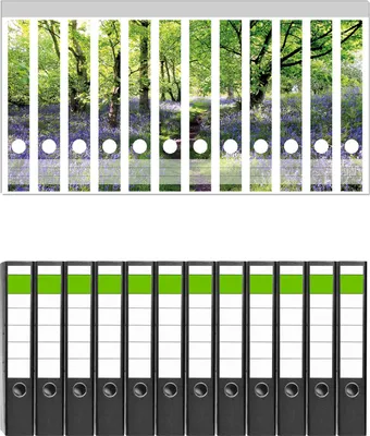 Produktbild von Wallario 12 Stück schmale Ordner inkl. Klebeetiketten mit Motive Blaues Hasenglöckchen im Wald -  Set mit Rückenschildern / Ordnerrücken Stickern