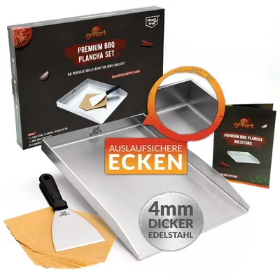 Productafbeelding van Plancha grillplaat - Roestvrij staal - 30 x 40 cm - Met grillspatel en hamburgerpapier