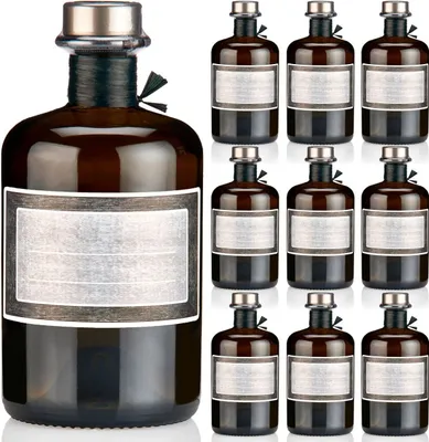 Produktbild von Apothekerflasche braun 0,5l mit Korken silber, Band, Kapseln & Etiketten, 9 Braunglas Flaschen leer Etikett Motiv Rahmen