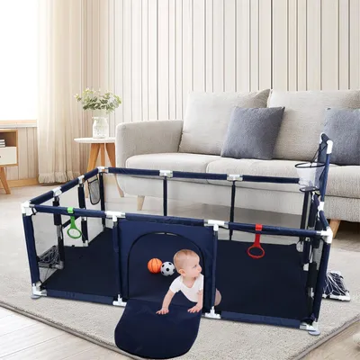 Produktbild von Laufstall Baby Kindersicherheits-Spielfelder mit Atmungsaktivem Mesh 180 × 120cm Dunkelblau