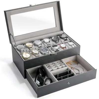 Image de Boîte à montres avec 12 compartiments et couvercle en verre, noire