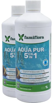 Produktbild von Famiflora Aqua pur 5-in-1 2 x 1L - genießen Sie einen kristallklaren Whirlpool! - Komplette Spa-Wasserbehandlung - Sorgt für kristallklares & seidenweiches Wasser - Stabilisiert den pH-Wert