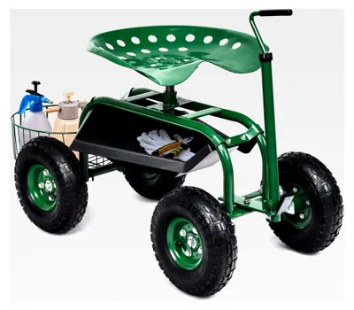 Produktbild von Gartenwagen mit 360° drehbarem Sitz und ausziehbarem Griff, Gartenhocker mit Ablage und Korb, höhenverstellbarer Sitz, bis 150 kg belastbar, 96,5 x 47,5 x 47-55 cm
