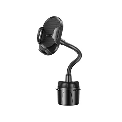 A black car phone holder with a flexible gooseneck arm and a cupholder base, isolated on a white background.