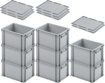 Produktbild von SuperSparSet 8x Eurobehälter mit geschlossenem Griff & Auflagedeckel | HxBxT 23,5x30x40cm | 22 Liter | Grau | Eurobox, Transportbox, Transportbehälter, Stapelbehälter