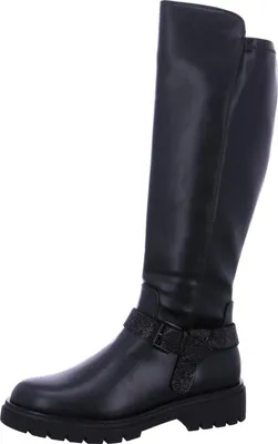 A black leather boot with a decorative strap.