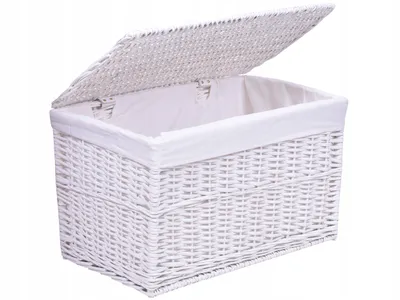A white wicker storage chest with an open lid, shown against a white background.
