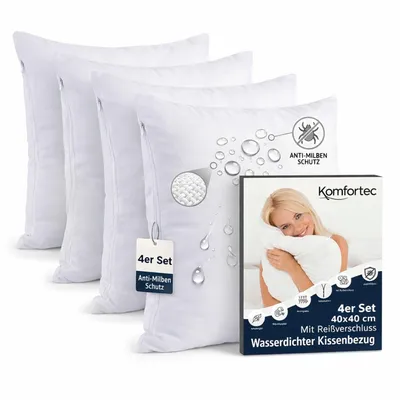 Produktbild von Komfortec Wasserdichter Kissenbezug 4er Set 40x40 cm mit Reißverschluss, Atmungsaktiv, Hypoallergen Kopfkissenbezüge, Anti-Milben, 4 Stück Kissenschoner, Weiß