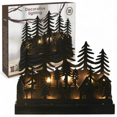 3D-Kerstdiorama mit LED, 30x6x23 cm, batteriebetrieben, Holz