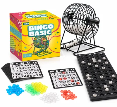 Produktbild von Bingo Spiel Metalltrommel 18 Bingotickets 75 Bingo Kugeln 150 Chips Spielbrett schwarz Erwachsene Kinder Basic