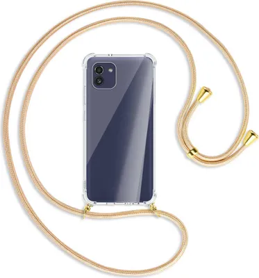 Produktbild von Handykette Backcover-Schutzhülle mit Band (Metall goldfarben) für Samsung Galaxy A03 4G - Goldkordel