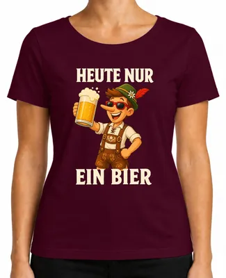 Productafbeelding van Vandaag: Alleen een biertje. Pinocchio. Lederhosen. Beierse traditionele kleding. Dames T-shirt, bordeauxrood, maat XL