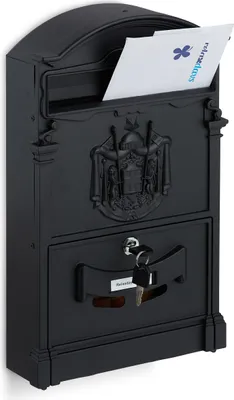 Image de Boîte aux lettres Relaxdays style antique, boîte aux lettres murale nostalgique avec fenêtre de consultation, dimensions : 41 x 25,5 x 9 cm, acier et aluminium, noir