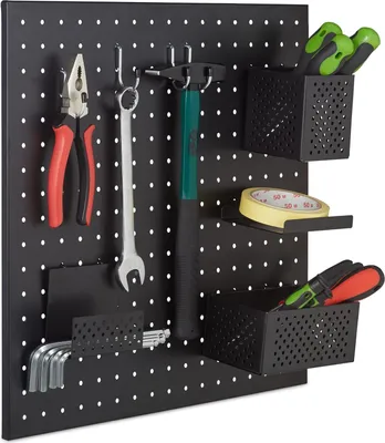 Produktbild von Relaxdays Werkzeugwand, Metall Lochwand, HxB 45 x 45 cm, 9-teiliges Werkzeughalter Set, Werkstattordnungssystem, schwarz