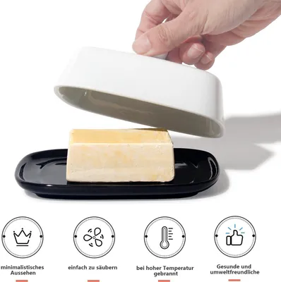 Produktbild von Theo&Cleo Butterdose - Hochwertige Butterglocke aus Keramik - Butter Dish für alle gängigen Butter (250g) - Butterschale Porzellan (Schwarz-Wei)