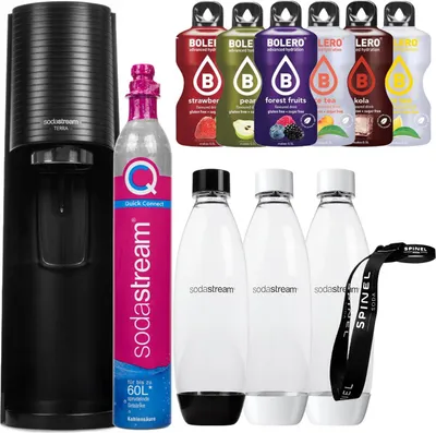 A collection of SodaStream products including a black Terra machine, a pink CO2 cylinder, three clear reusable bottles, and several flavored syrup bottles.