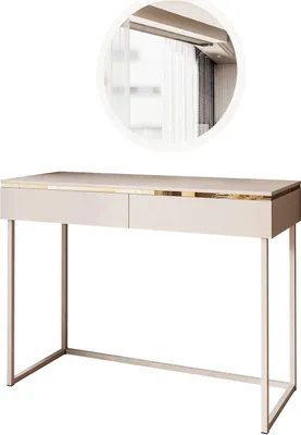 A vanity table with a mirror above it, set against a white background.
