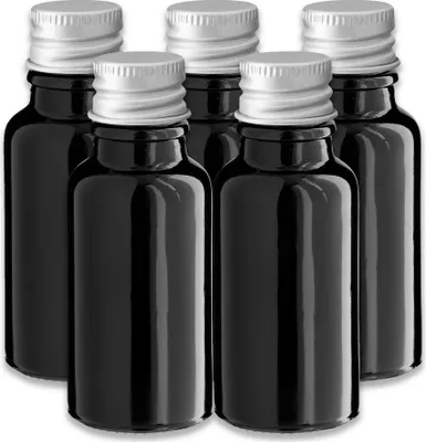 Produktbild von 5x Glasflasche schwarz 20 ml mit silbernem Aluminium Schraubverschluss