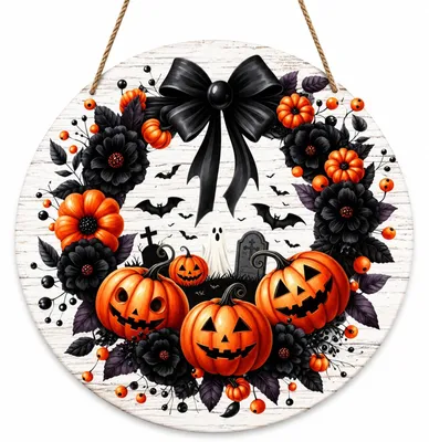 Halloween-Türschild mit Pompoen, Geist & Fledermäusen, 30 cm