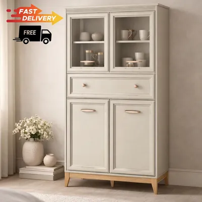 Produktbild von Windsor 05 Vitrine in Kaschmir mit Glastüren & Eichenholzfüßen – Soft-Close, Schublade, goldene Griffe